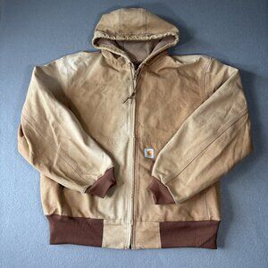 CARHARTT J131 Mens L Brown Duck Thermal Lined Detroit Jacket Hooded DISTRESSED
